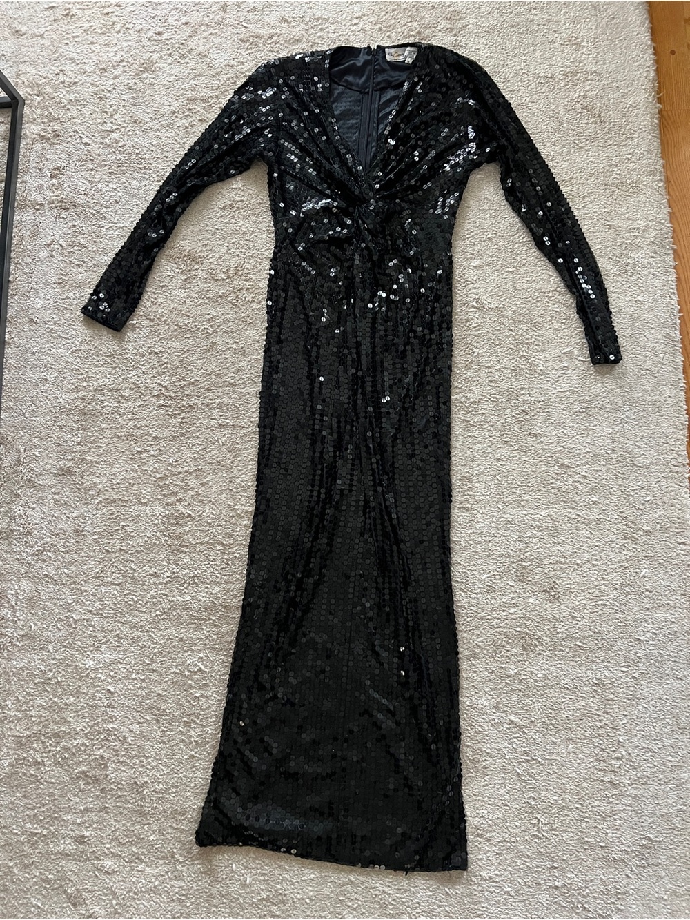 Oleg Cassini Black Sequin Long Sleeve Twist-Front Gown